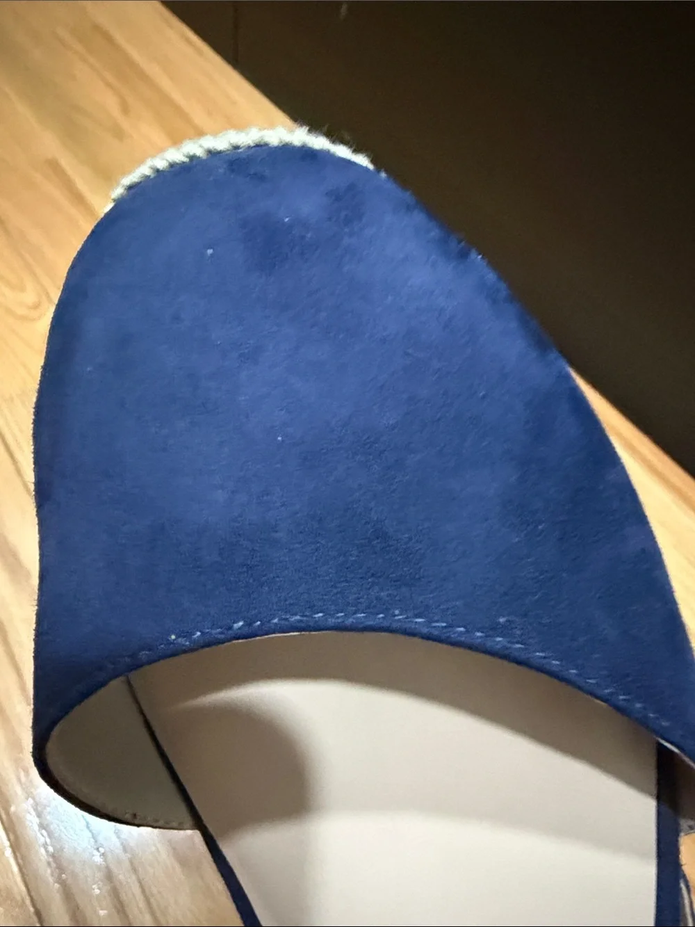 Stuart Weitzman Navy Suede Espadrille Slide with Crystal Buckle